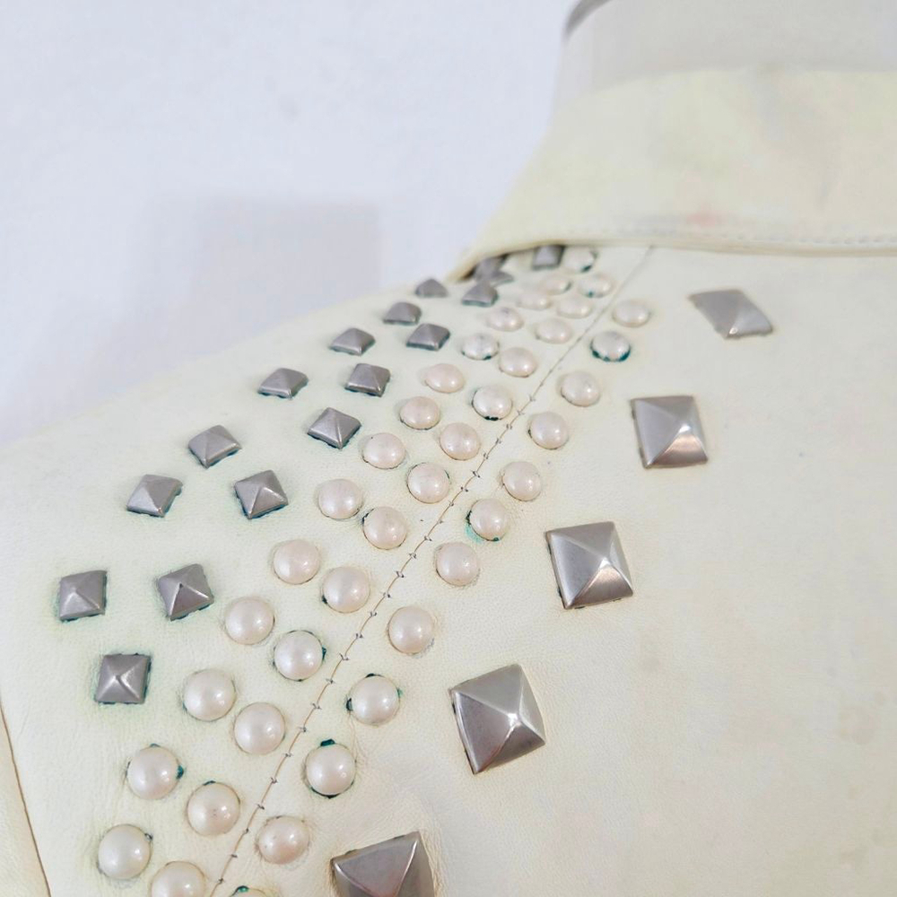 Double D Ranch studded ivory leather biker jacket distressed western size medium - Picture 10 of 13